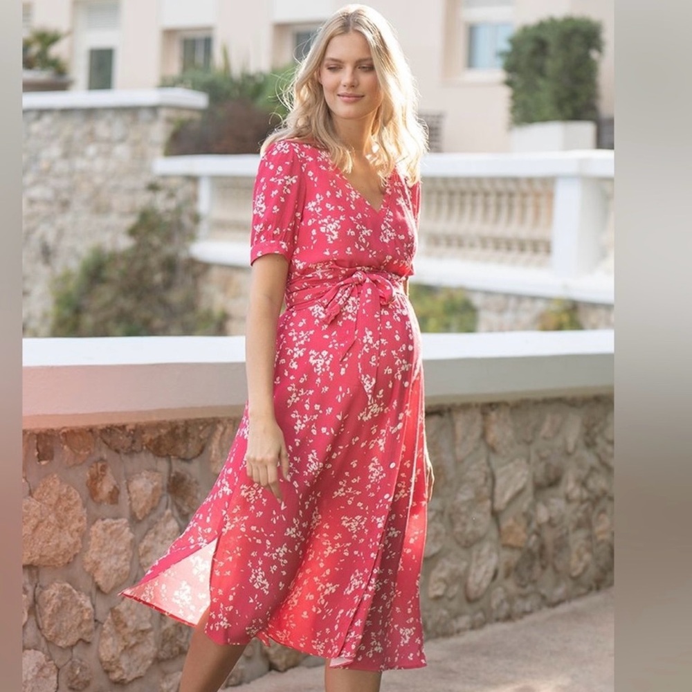 Seraphine Women's 8 Raspberry Sanna Maternity Nursing Midi Dress Viscose Floral